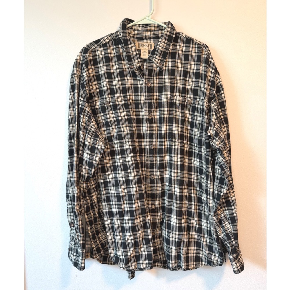 Duluth Trading Co Mens 2XL Black White Plaid Flannel Button Down Shirt 3237-30